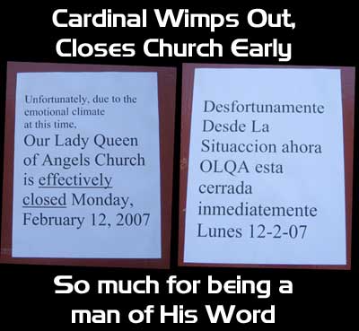 Photo of two signs posted on the church doors.