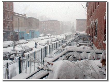 Picture of East 111th Street between Third and Second Avenues during the snowstornm. Home owner is begining to dig himself out at mid center of picture.