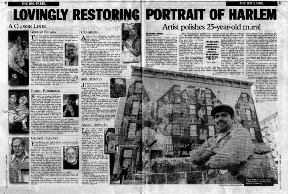 Black and White reduced reproduction of the two New York Daily News articles about Manny Vega and those portrayed on the wall mural.
