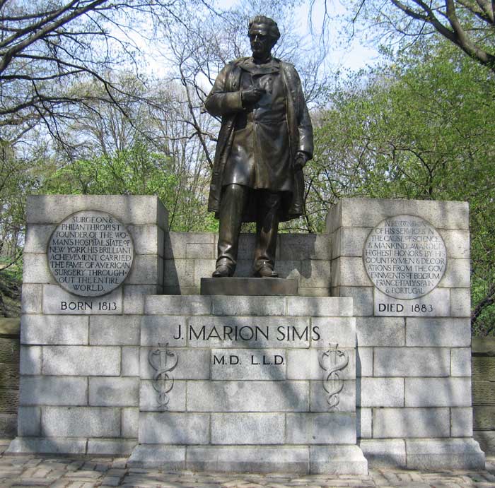 Photo the statue erected in honor of Dr. J. Marion Sims in 1894 on East 103rd Street and Fifth Avenue, on the border of Central Park