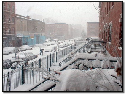 Picture of East 111th Street between Third and Second Avenues during the snowstorm.  Home owner is beginning to dig himself out at mid center of picture
